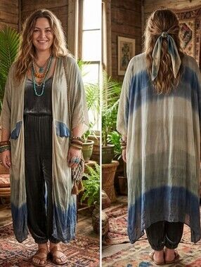 Sage to Denim Blue Ombre Lightweight Duster/Kimono